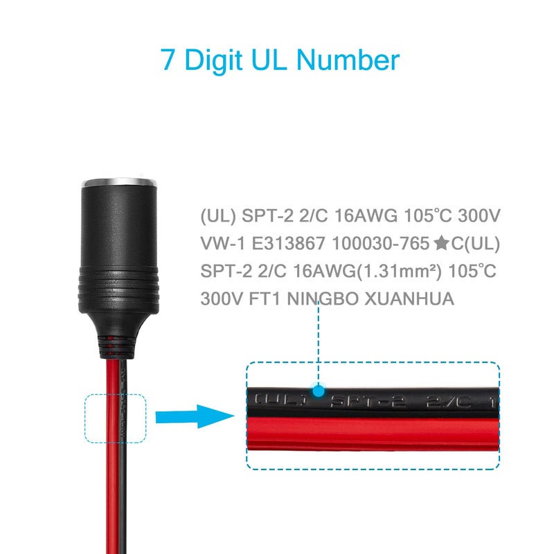 Chanzon 12V / 24V Power Supply Car Plug Outlet - 6FT/3FT UL 16AWG Cable with 15A Fuse - Heavy Duty DC Cigarette Lighter Female Socket Extension with Perforated Terminal Direct Battery Type - Image 3